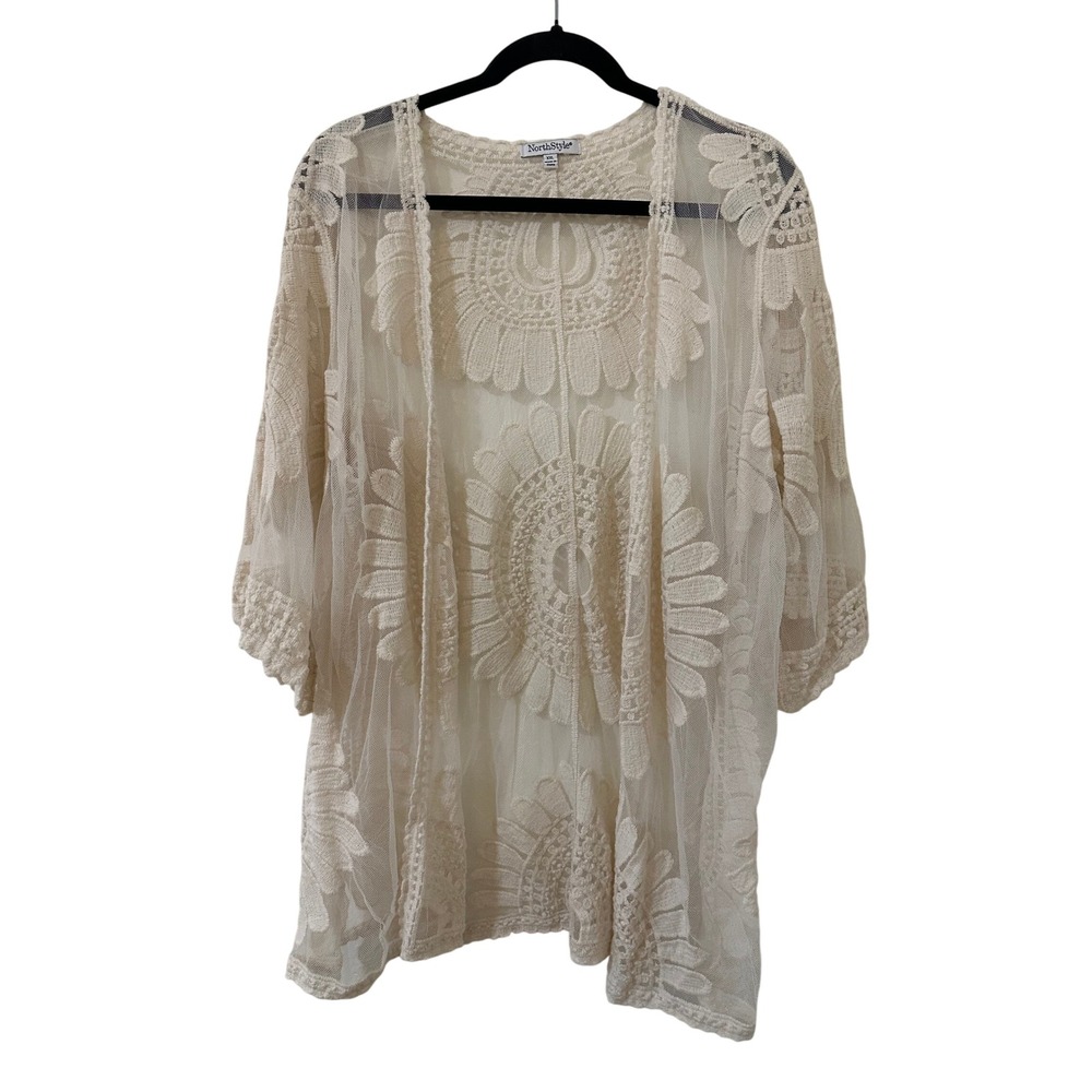 NorthStyle Womens XXL Ivory Floral Lace Mesh Sheer Open Front Cardigan Kimono